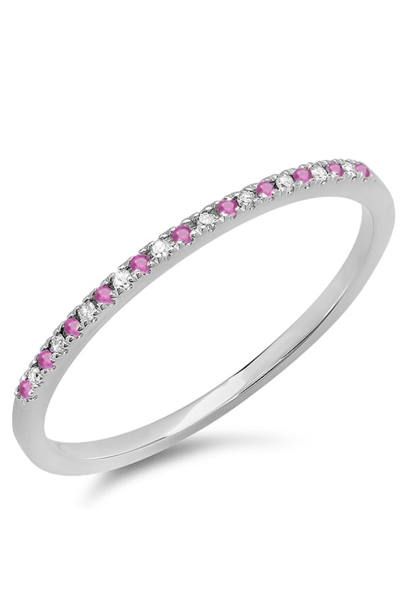 Collection 14K Round Pink Sapphire & White Diamond Dainty Anniversary Wedding Stackable Ring, White Gold, Size 7