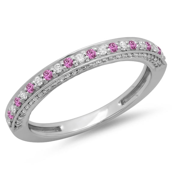 Dazzlingrock Collection 14K Round Pink Sapphire & White Diamond Ladies Anniversary Wedding Stackable Band, White Gold, Size 4