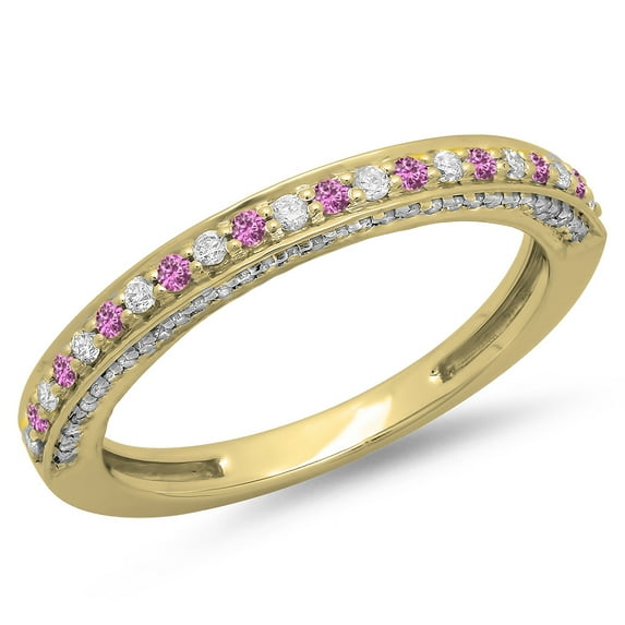 Dazzlingrock Collection 14K Round Pink Sapphire & White Diamond Ladies Anniversary Wedding Stackable Band, Yellow Gold, Size 4