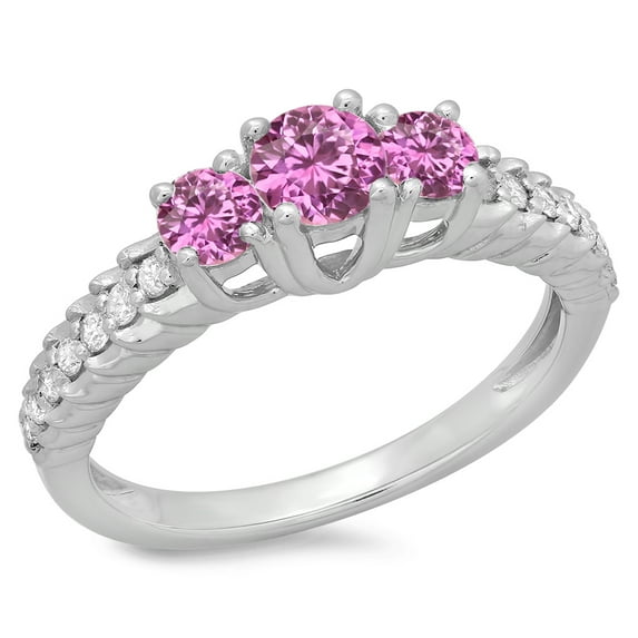 Dazzlingrock Collection 14K Round Pink Sapphire & White Diamond Ladies Bridal 3 Stone Engagement Ring, White Gold, Size 7.5