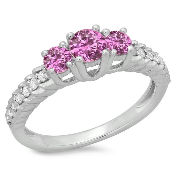 Dazzlingrock Collection 14K Round Pink Sapphire & White Diamond Ladies Bridal 3 Stone Engagement Ring, White Gold, Size 9