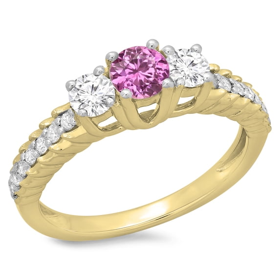 Dazzlingrock Collection 14K Round Pink Sapphire & White Diamond Ladies Bridal 3 Stone Engagement Ring, Yellow Gold, Size 6