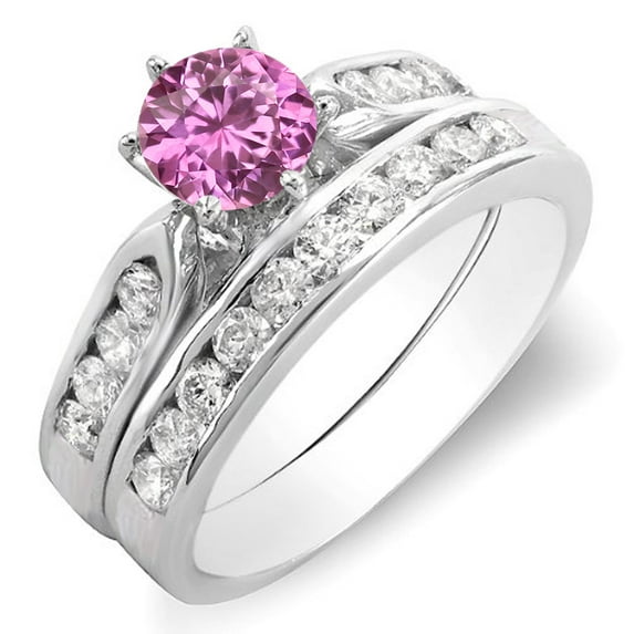 Dazzlingrock Collection 14K Round Pink Sapphire & White Diamond Ladies Bridal Engagement Ring Set, White Gold, Size 5.5