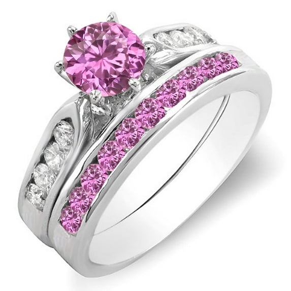 Dazzlingrock Collection 14K Round Pink Sapphire & White Diamond Ladies Bridal Engagement Ring Set, White Gold, Size 6