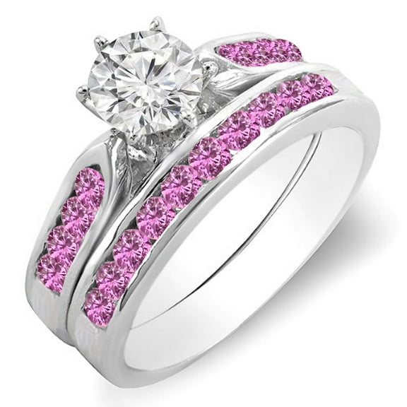 Dazzlingrock Collection 14K Round Pink Sapphire & White Diamond Ladies Bridal Engagement Ring Set, White Gold, Size 7
