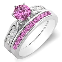 Dazzlingrock Collection 14K Round Pink Sapphire & White Diamond Ladies Bridal Engagement Ring Set, White Gold, Size 8