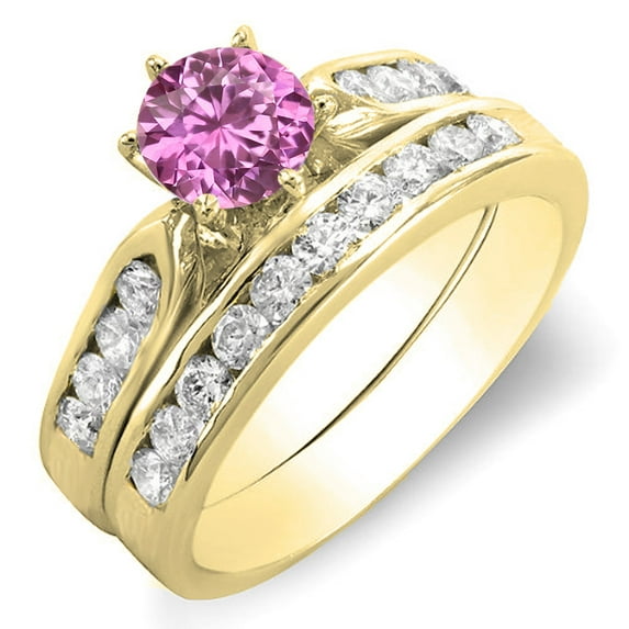 Dazzlingrock Collection 14K Round Pink Sapphire & White Diamond Ladies Bridal Engagement Ring Set, Yellow Gold, Size 5.5