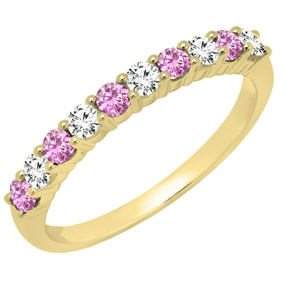Dazzlingrock Collection 14K Round Pink Sapphire & White Diamond Ladies Stackable Wedding Band, Yellow Gold, Size 6.5
