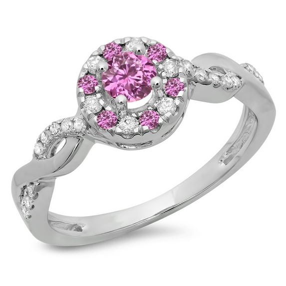Dazzlingrock Collection 14K Round Pink Sapphire & White Diamond Ladies Swirl Bridal Halo Engagement Ring, White Gold, Size 4.5