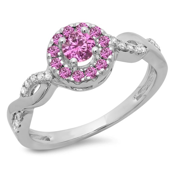 Dazzlingrock Collection 14K Round Pink Sapphire & White Diamond Ladies Swirl Bridal Halo Engagement Ring, White Gold, Size 7