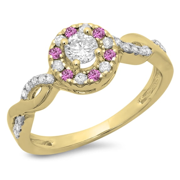 Dazzlingrock Collection 14K Round Pink Sapphire & White Diamond Ladies Swirl Bridal Halo Engagement Ring, Yellow Gold, Size 6.5