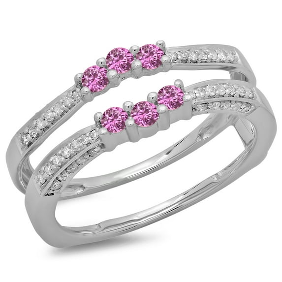 Dazzlingrock Collection 14K Round Pink Sapphire & White Diamond Ladies Wedding Band Enhancer Guard Ring, White Gold, Size 8