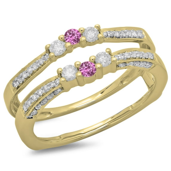 Dazzlingrock Collection 14K Round Pink Sapphire & White Diamond Ladies Wedding Band Enhancer Guard Ring, Yellow Gold, Size 5