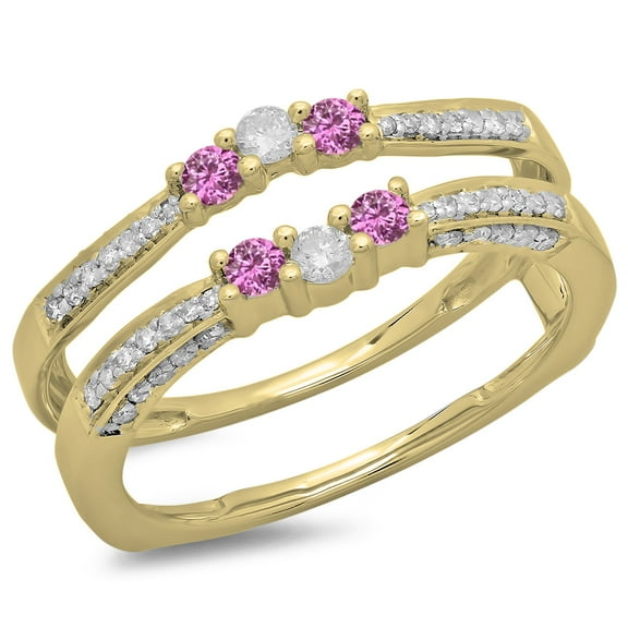 Dazzlingrock Collection 14K Round Pink Sapphire & White Diamond Ladies Wedding Band Enhancer Guard Ring, Yellow Gold, Size 9.5