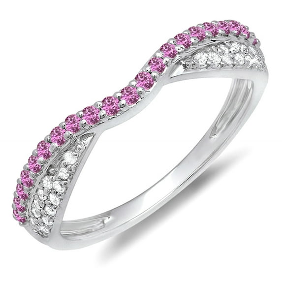 Dazzlingrock Collection 14K Round Pink Sapphire & White Diamond Ladies Wedding Band Stackable Ring, White Gold, Size 6.5