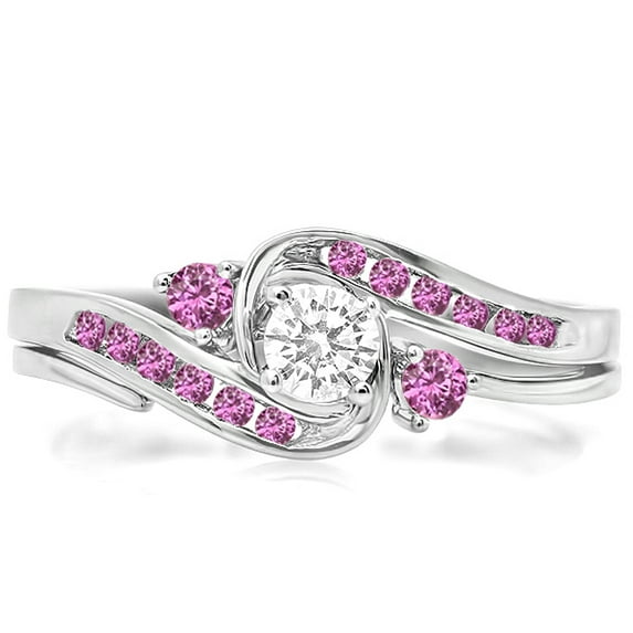 Dazzlingrock Collection 14K Round Pink Sapphire & White Diamond Swirl Bridal Engagement Ring With Band Set, White Gold, Size 8