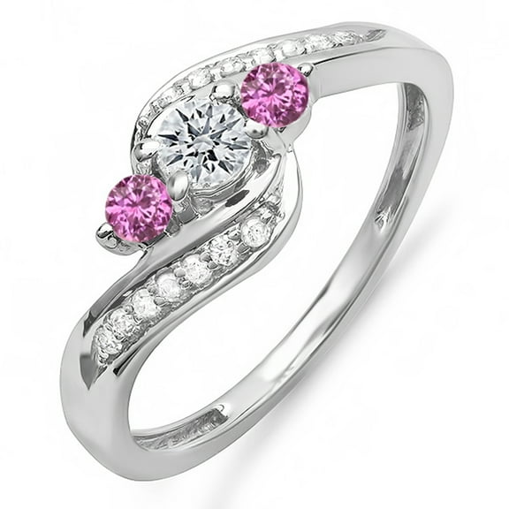Dazzlingrock Collection 14K Round Pink Sapphire & White Diamond Swirl Engagement 3 Stone Bridal Ring, White Gold, Size 7.5