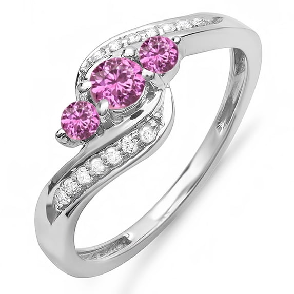 Dazzlingrock Collection 14K Round Pink Sapphire & White Diamond Swirl Engagement 3 Stone Bridal Ring, White Gold, Size 7.5