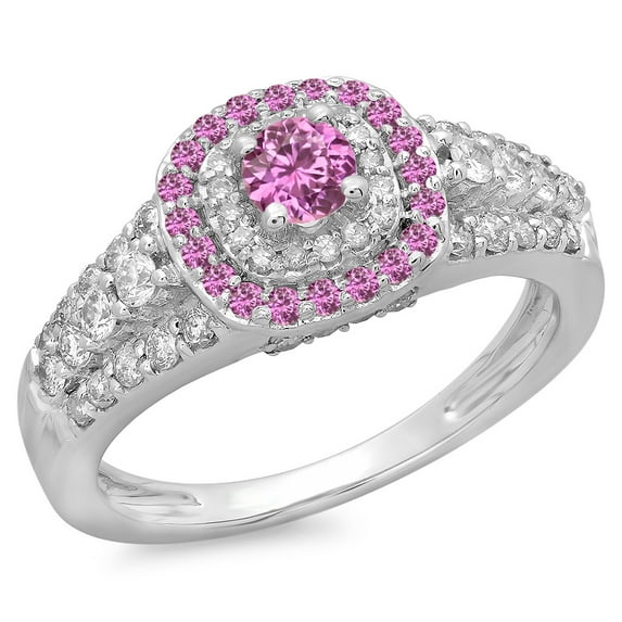 Dazzlingrock Collection 14K Round Pink Sapphire & White Diamond Vintage Bridal Halo Engagement Ring, White Gold, Size 6