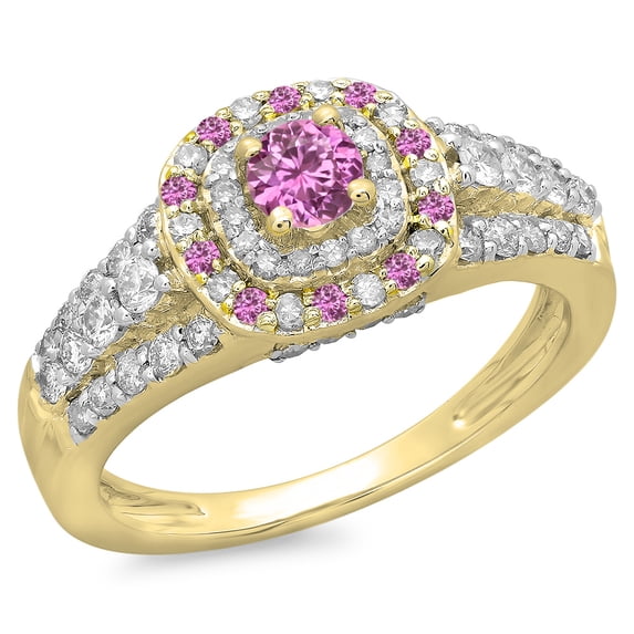 Dazzlingrock Collection 14K Round Pink Sapphire & White Diamond Vintage Bridal Halo Engagement Ring, Yellow Gold, Size 10