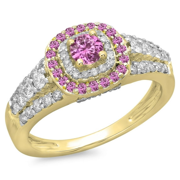 Dazzlingrock Collection 14K Round Pink Sapphire & White Diamond Vintage Bridal Halo Engagement Ring, Yellow Gold, Size 4