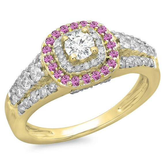 Dazzlingrock Collection 14K Round Pink Sapphire & White Diamond Vintage Bridal Halo Engagement Ring, Yellow Gold, Size 8.5