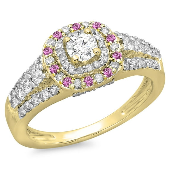 Dazzlingrock Collection 14K Round Pink Sapphire & White Diamond Vintage Bridal Halo Engagement Ring, Yellow Gold, Size 8