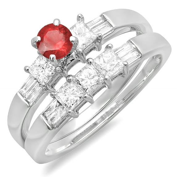 Dazzlingrock Collection 14K Round, Princess & Baguette Ruby & White Diamond Engagement Ring Set, White Gold, Size 10