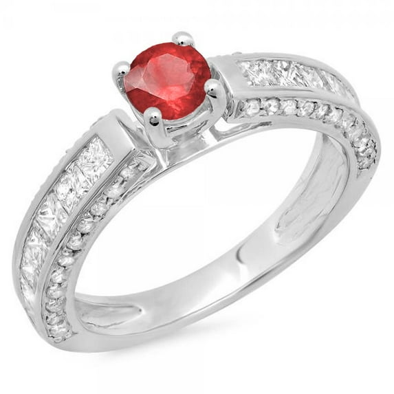 Dazzlingrock Collection 14K Round & Princess Cut Ruby & White Diamond Bridal Engagement Ring, White Gold, Size 8