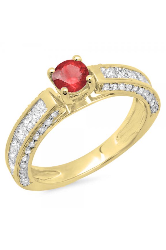 Collection 14K Round & Princess Cut Ruby & White Diamond Bridal Engagement Ring, Yellow Gold, Size 7