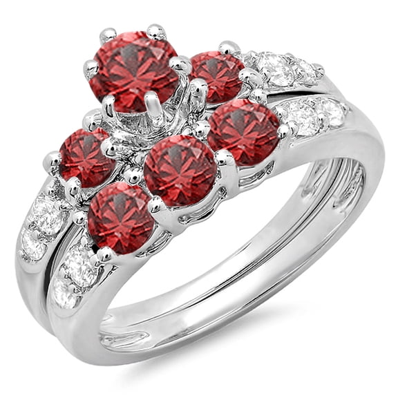 Dazzlingrock Collection 14K Round Red Ruby & White Diamond 3 Stone Bridal Engagement Ring Set, White Gold, Size 5