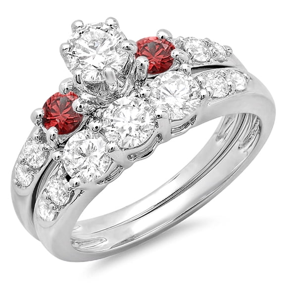 Dazzlingrock Collection 14K Round Red Ruby & White Diamond 3 Stone Bridal Engagement Ring Set, White Gold, Size 6