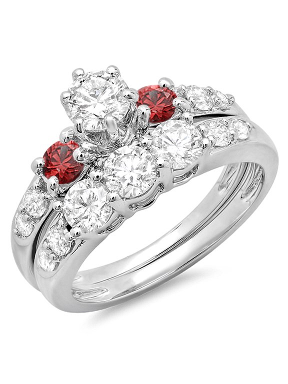 Collection 14K Round Red Ruby & White Diamond 3 Stone Bridal Engagement Ring Set, White Gold, Size 7