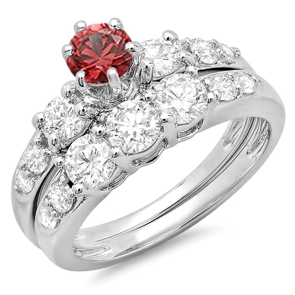 Dazzlingrock Collection 14K Round Red Ruby & White Diamond 3 Stone Bridal Engagement Ring Set, White Gold, Size 7