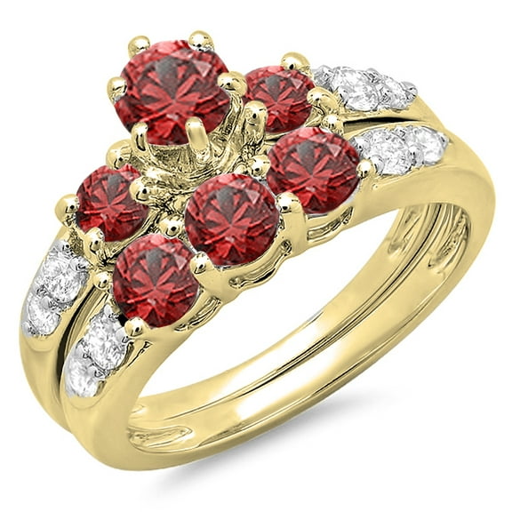 Dazzlingrock Collection 14K Round Red Ruby & White Diamond 3 Stone Bridal Engagement Ring Set, Yellow Gold, Size 7