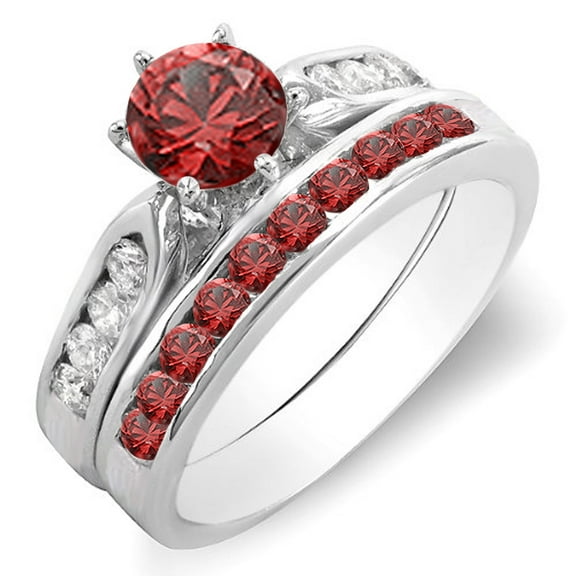Dazzlingrock Collection 14K Round Red Ruby & White Diamond Ladies Bridal Engagement Ring Set, White Gold, Size 6.5