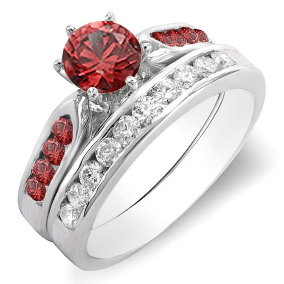 Dazzlingrock Collection 14K Round Red Ruby & White Diamond Ladies Bridal Engagement Ring Set, White Gold, Size 8