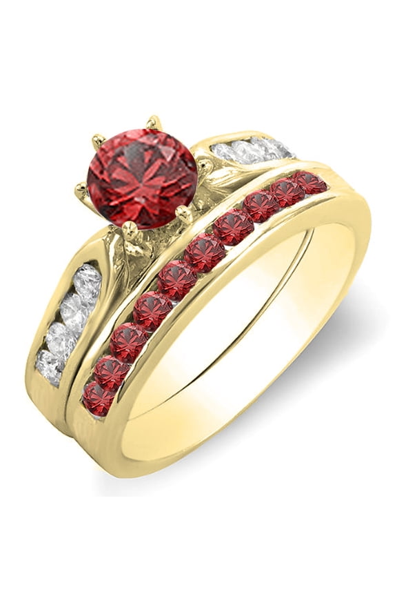Collection 14K Round Red Ruby & White Diamond Ladies Bridal Engagement Ring Set, Yellow Gold, Size 6