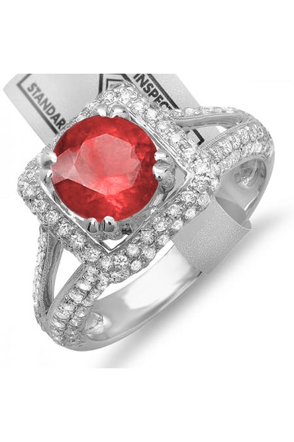 Collection 14K Round Red Ruby & White Diamond Ladies Halo Engagement Bridal Ring, White Gold, Size 9
