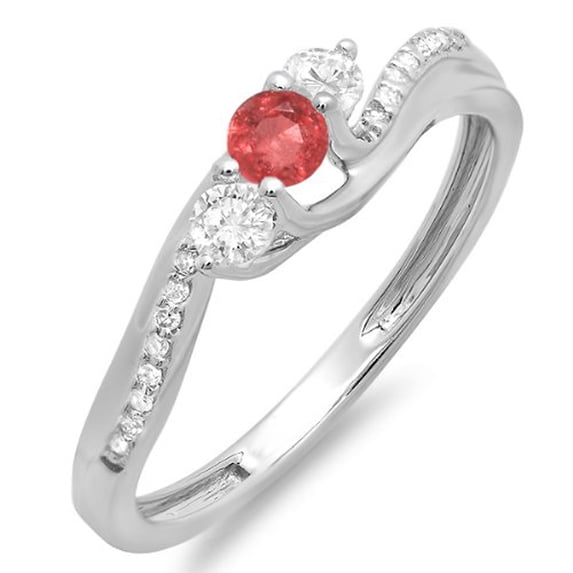 Dazzlingrock Collection 14K Round Ruby And White Diamond 3 Stone Ladies Swirl Bridal Engagement Ring, White Gold, Size 6.5