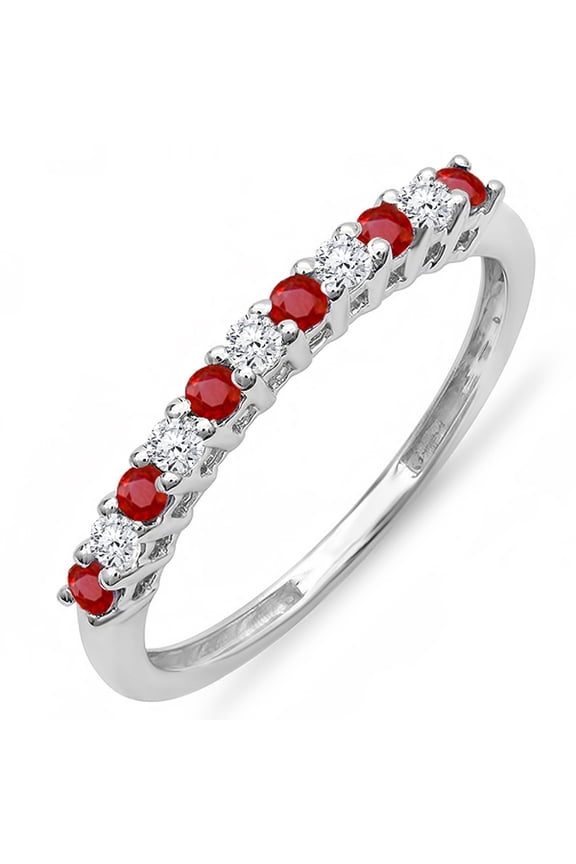 Collection 14K Round Ruby And White Diamond Anniversary Stackable Wedding Band, White Gold, Size 6