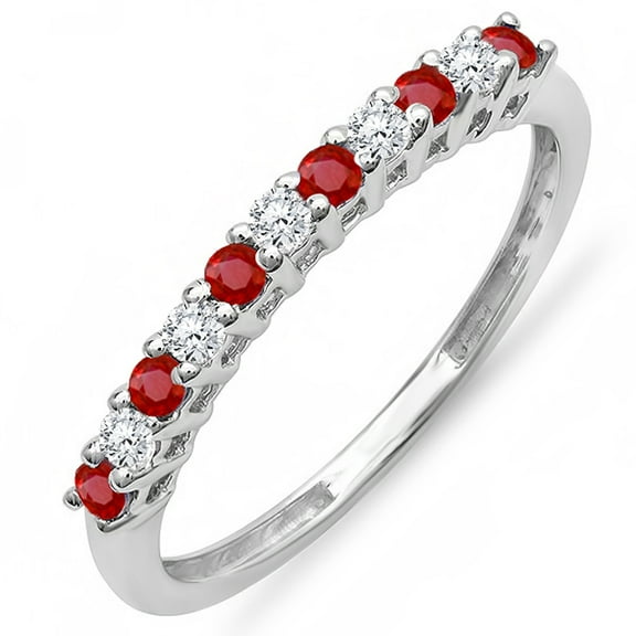 Dazzlingrock Collection 14K Round Ruby And White Diamond Anniversary Stackable Wedding Band, White Gold, Size 7