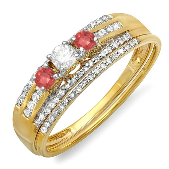 Dazzlingrock Collection 14K Round Ruby And White Diamond Ladies 3 Stone Bridal Ring Engagement Set, Yellow Gold, Size 7