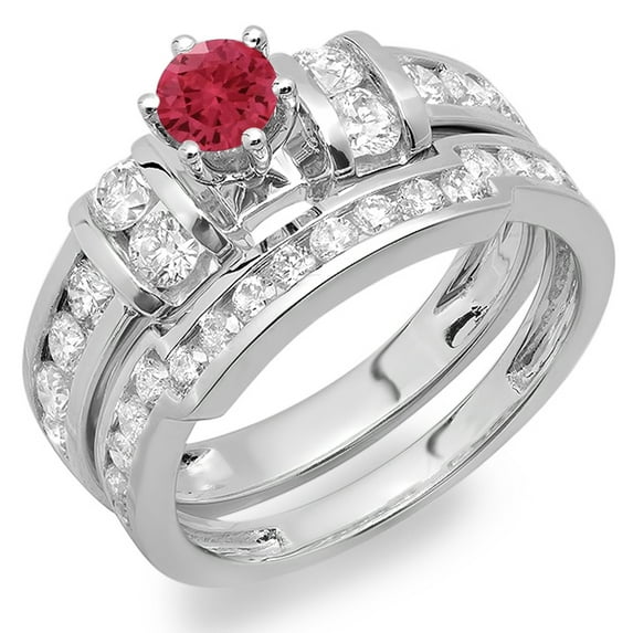 Dazzlingrock Collection 14K Round Ruby And White Diamond Ladies Anniversary Wedding Matching Guard Band, White Gold, Size 6