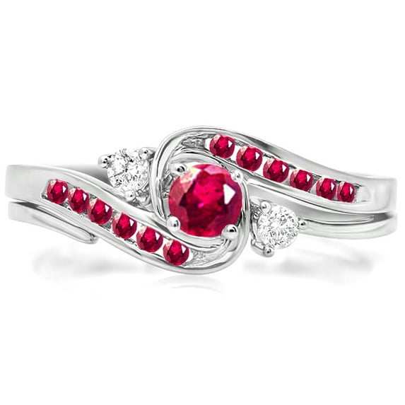 Dazzlingrock Collection 14K Round Ruby And White Diamond Ladies Swirl Bridal Engagement Matching Band Set, White Gold, Size 5