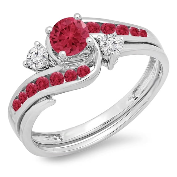 Dazzlingrock Collection 14K Round Ruby And White Diamond Ladies Swirl Bridal Engagement Matching Band Set, White Gold, Size 9