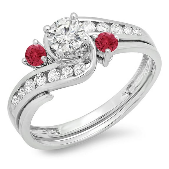 Dazzlingrock Collection 14K Round Ruby And White Diamond Ladies Swirl Bridal Engagement Ring Matching Band Set, White Gold, Size 6.5
