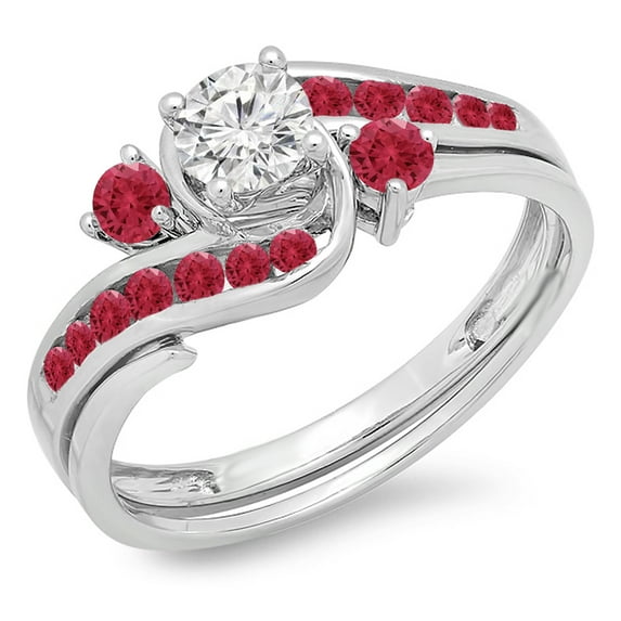 Dazzlingrock Collection 14K Round Ruby And White Diamond Ladies Swirl Bridal Engagement Ring Matching Band Set, White Gold, Size 7