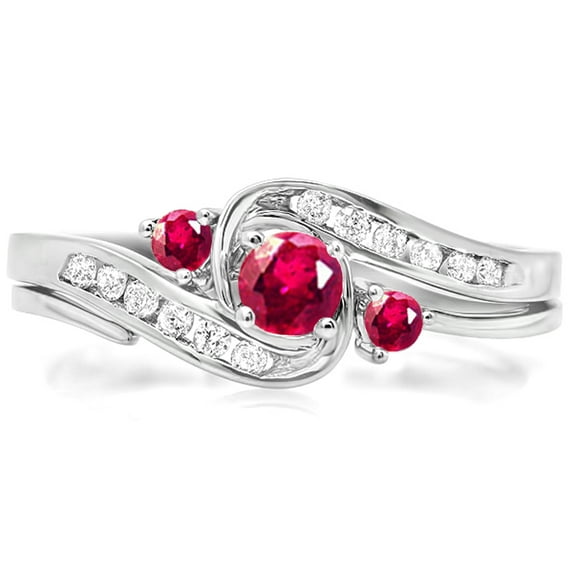 Dazzlingrock Collection 14K Round Ruby And White Diamond Swirl Bridal Engagement Ring Matching Band Set, White Gold, Size 8.5