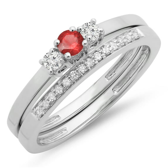 Dazzlingrock Collection 14K Round Ruby & White Diamond Bridal Engagement 3 Stone Ring Band Set, White Gold, Size 6